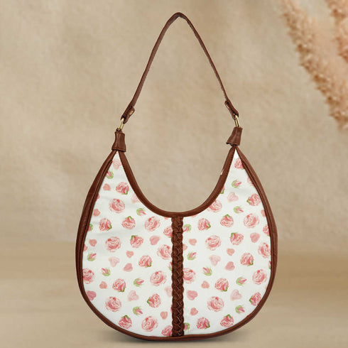 Pink Floral Printed Half Moon Hobo Bag - Uncommongifts.in