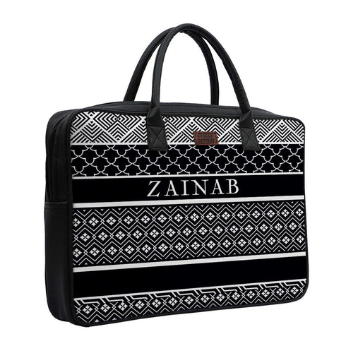 Black and White Stripes Printed Canvas and PU Laptop Bag - Uncommongifts.in
