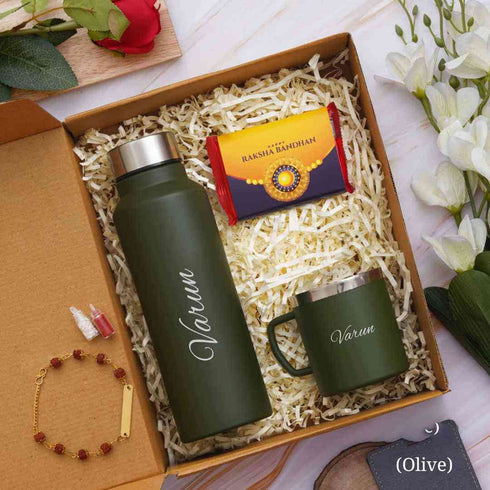 Personalised Bottle And Cup With Rakhi Combo Gift Set