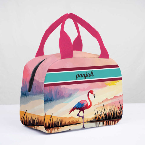Personalised Flamingo Printed Kids Lunch Bag With Handle