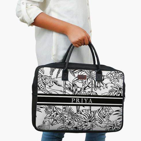Black & White Animal Printed Customised Canvas and PU Laptop Bag - Uncommongifts.in