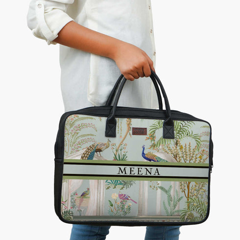 Customised Peacock Printed Canvas and PU Laptop Bag - Uncommongifts.in