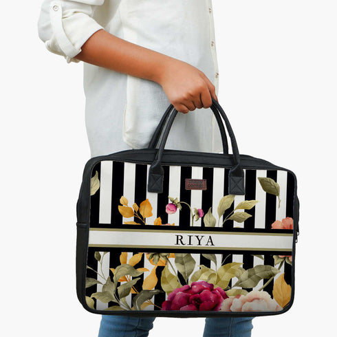 Customized Floral Printed Canvas and PU Laptop Bag - Uncommongifts.in