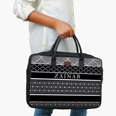 Black and White Stripes Printed Canvas and PU Laptop Bag - Uncommongifts.in