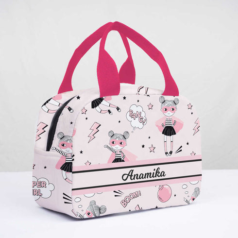 Personalised Pink Printed Kids Lunch Bag With Handle