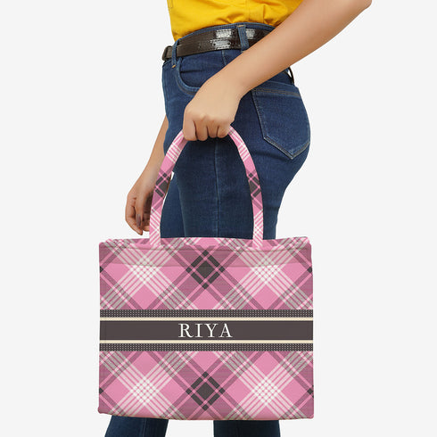 Pink Checks Printed Customised Box Tote Bag - Uncommongifts.in