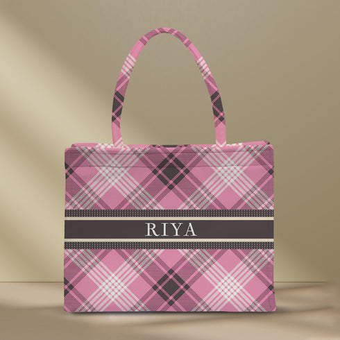 Pink Checks Printed Customised Box Tote Bag - Uncommongifts.in