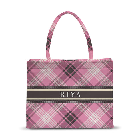 Pink Checks Printed Customised Box Tote Bag - Uncommongifts.in