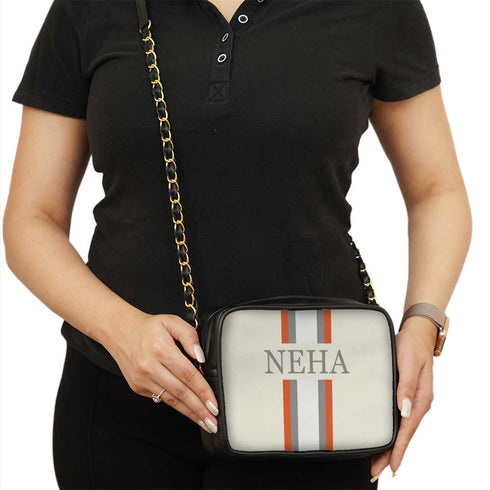 Canvas Customized White Striped Sling Bag - Uncommongifts.in