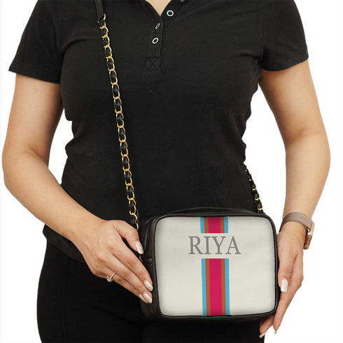 White Customized Pink Striped Sling Bag - Uncommongifts.in