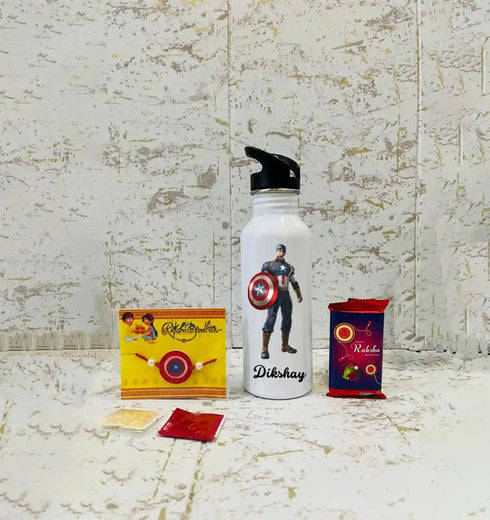 Personalised Printed Steel Bottle With Straw Rakhi Combo for Kids