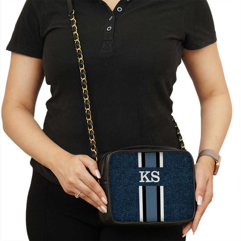 Customized Navy Blue Striped Sling Bag - Uncommongifts.in