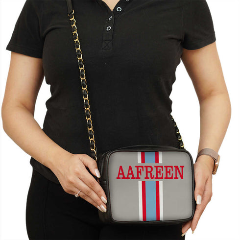 Customized Grey Striped Sling Bag - Uncommongifts.in