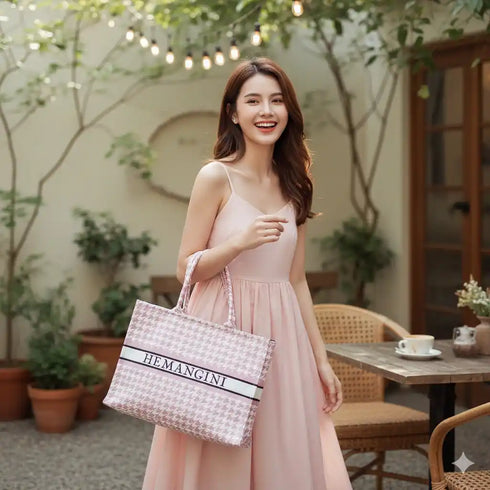 Baby Pink Geometric Printed Personalised Box Tote Bag