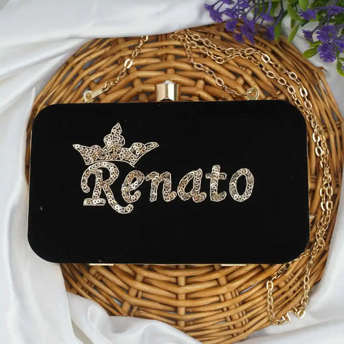 Black Embroidered Customized Clutch with Name