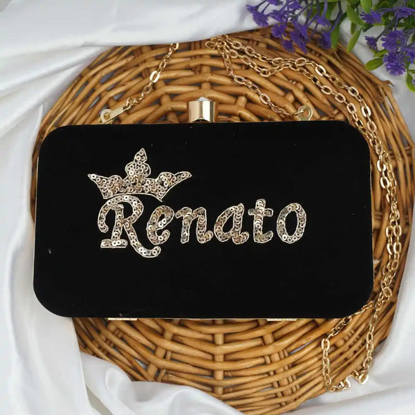 Black Embroidered Customized Clutch with Name