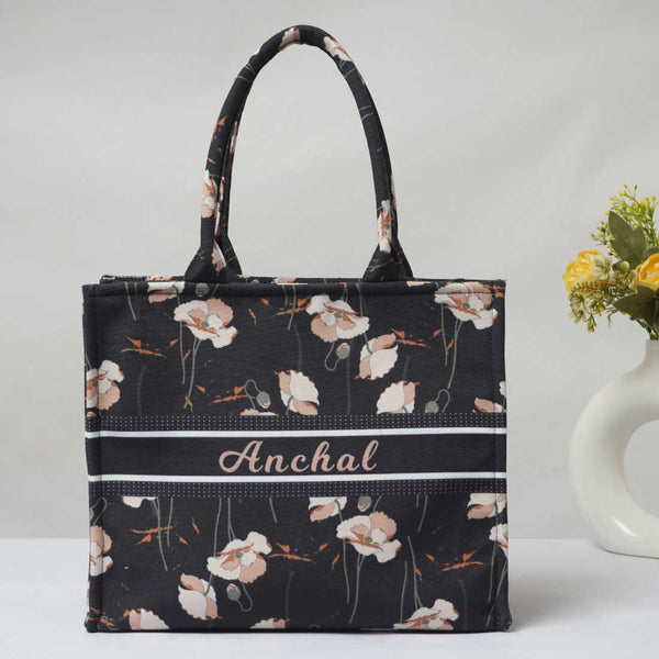 Black Floral Printed Customised Box Tote Bag - Uncommongifts.in