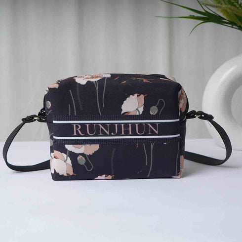 Black Floral Printed Personalised Sling Bag - Uncommongifts.in