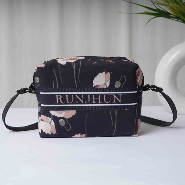 Black Floral Printed Personalised Sling Bag - Uncommongifts.in