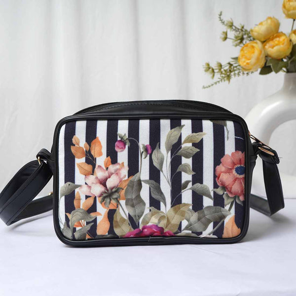 Black Floral Printed Structured Sling Bag - Uncommongifts.in