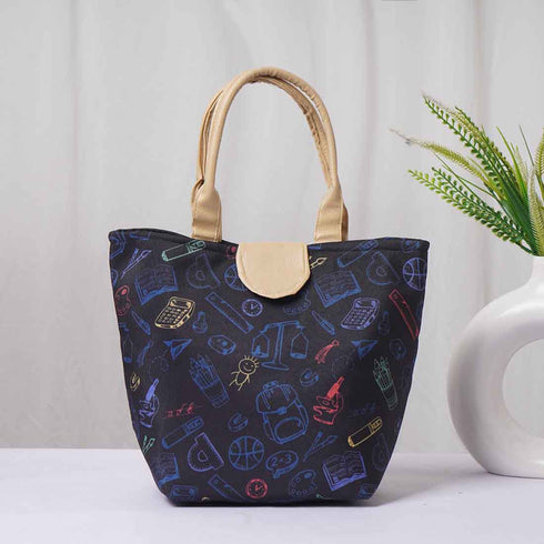 Black Printed Lunch Bag With Handle - Uncommongifts.in