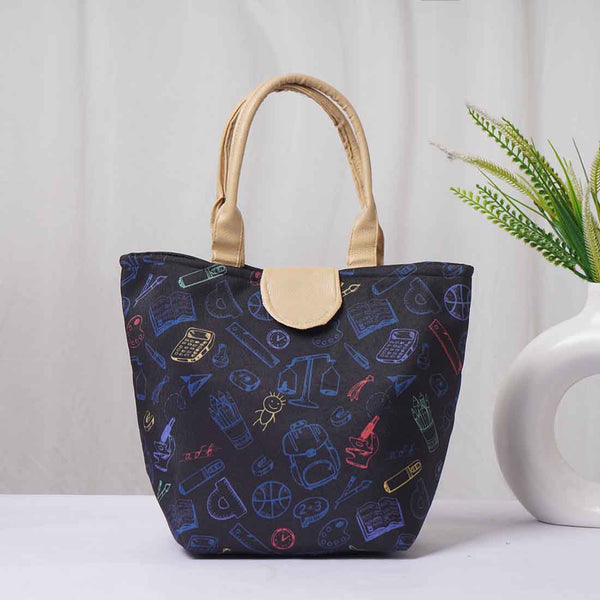 Black Printed Lunch Bag With Handle - Uncommongifts.in