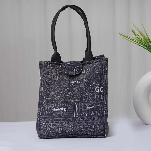 Black Printed Lunch Bag With Handle - Uncommongifts.in