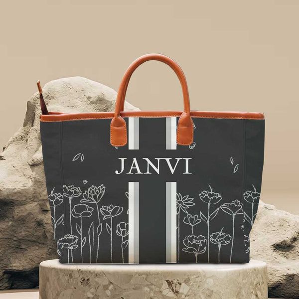 Black Strap Floral Printed Personalised Luna Handbag