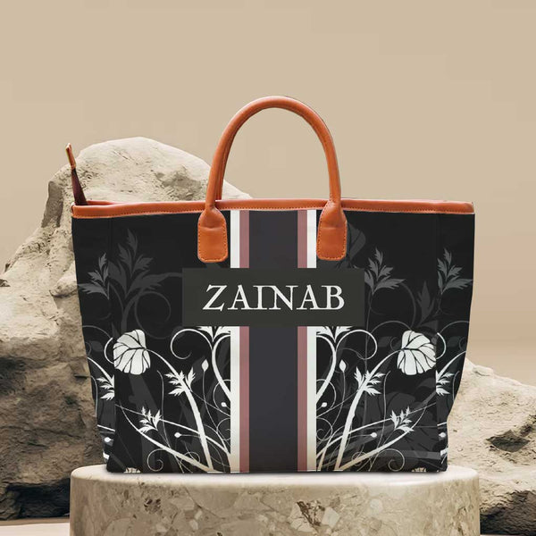 Black Strap Leaf's Printed Personalised Luna Handbag
