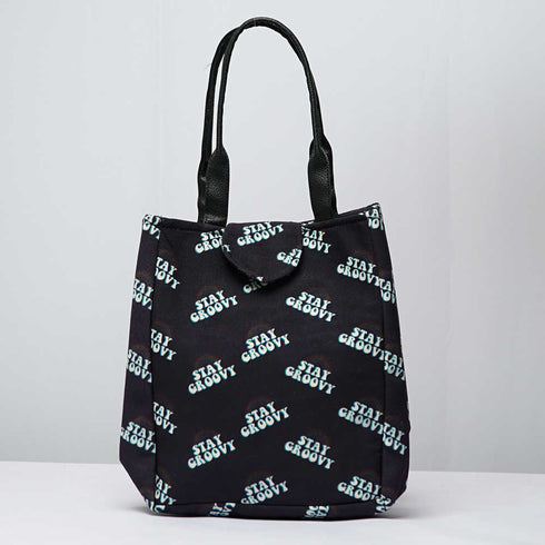 Black Printed Lunch Bag With Handle