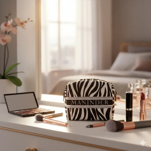 Makeup bag with 'MANINDER' branding on a vanity table with makeup items.