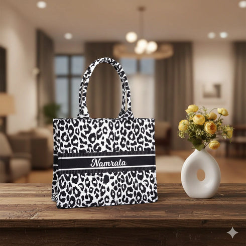 Black and White Leopard Printed Box Tote Bag