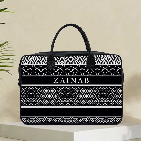 Black and White Stripes Printed Canvas and PU Laptop Bag - Uncommongifts.in