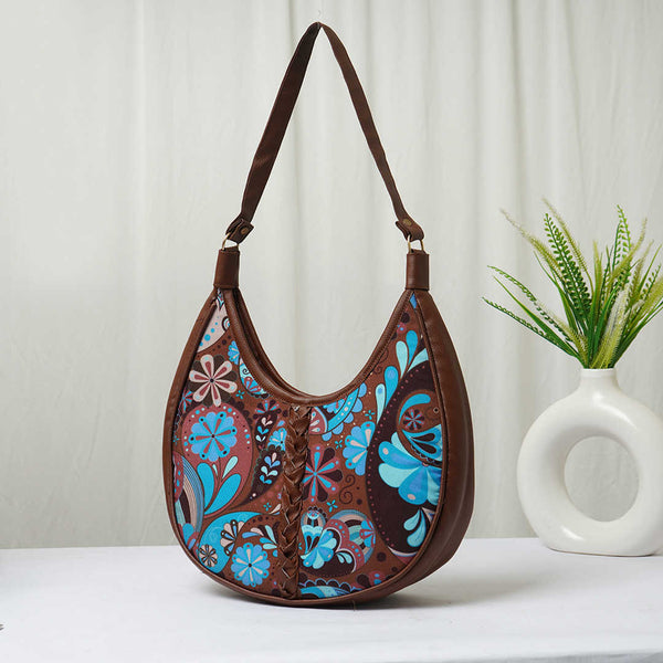 Blue Ethnic Motifs Printed Half Moon Hobo Bag - Uncommongifts.in