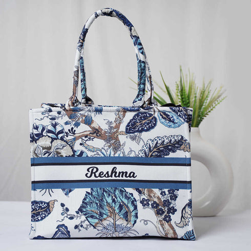 Blue Floral Printed Box Tote Bag