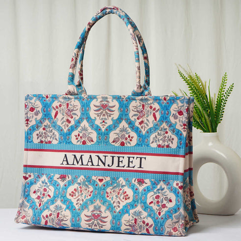 Blue Floral Printed Box Tote Bag - Uncommongifts.in
