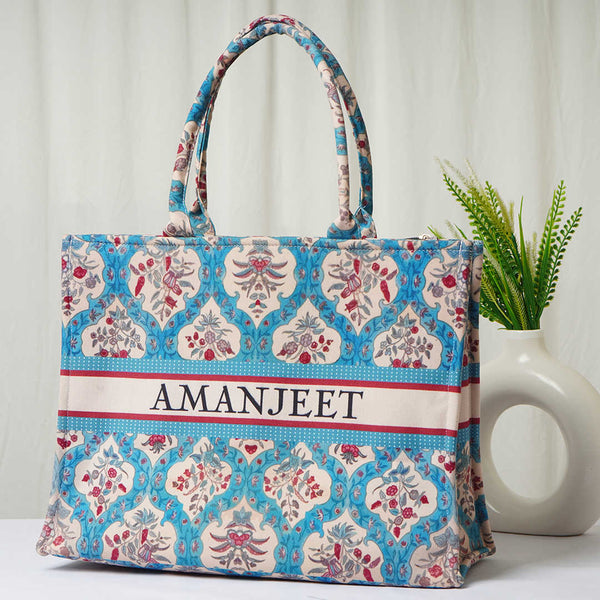 Blue Floral Printed Box Tote Bag - Uncommongifts.in