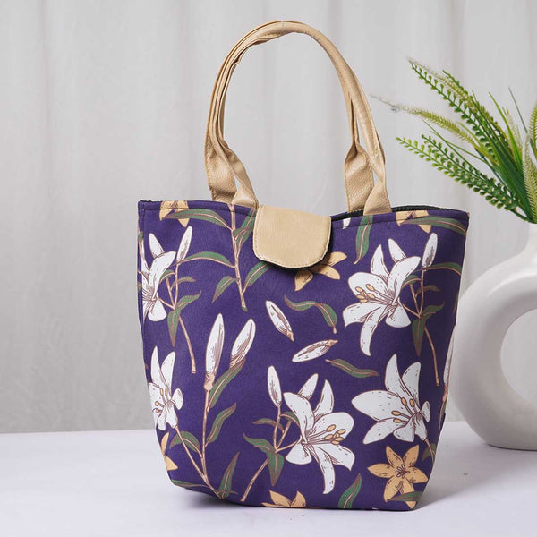 Blue Floral Printed Lunch Bag With Handle - Uncommongifts.in