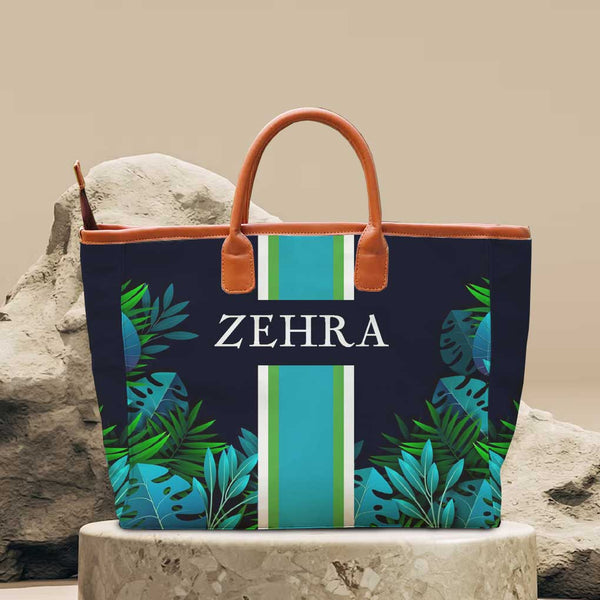 Blue Strap Leaf's Printed Personalised Luna Handbag