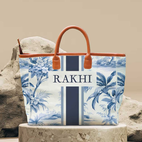 Blue Strap Leaf's Printed Personalised Luna Handbag