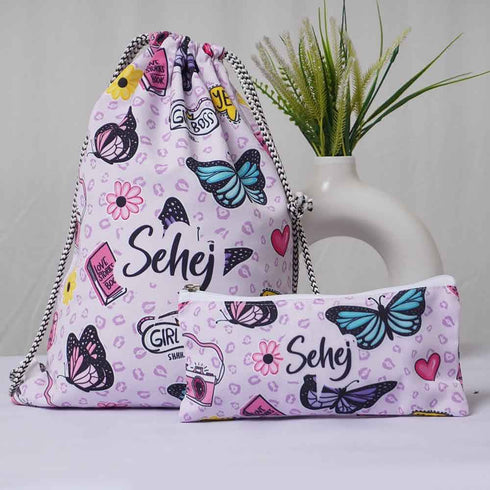 Butterfly Printed Kids Drawstring Bag & Pencil Pouch Combo