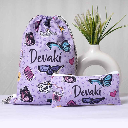 Butterfly Printed Kids Drawstring Bag & Pencil Pouch Combo