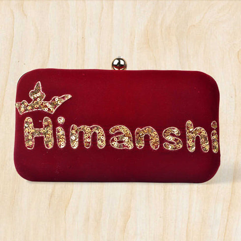 Red Embroidered Customized Clutch with Name - Uncommongifts.in