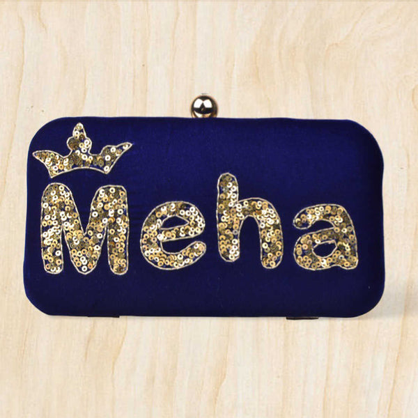 Blue Embroidered Customized Clutch with Name - Uncommongifts.in