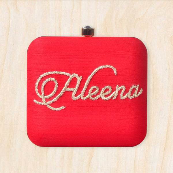 Red Embroidered Customized Clutch - Uncommongifts.in