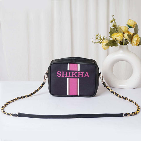 Canvas Personalized Pink Striped Sling Bag - Uncommongifts.in