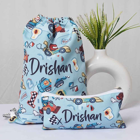 Car Printed Kids Drawstring Bag & Pencil Pouch Combo