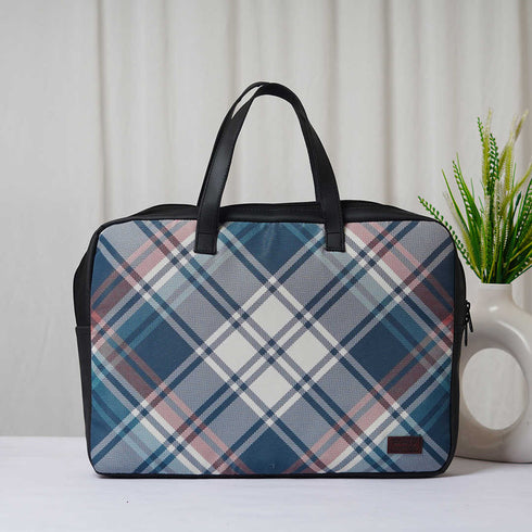 Check Pattern Printed Canvas and PU Laptop Bag - Uncommongifts.in