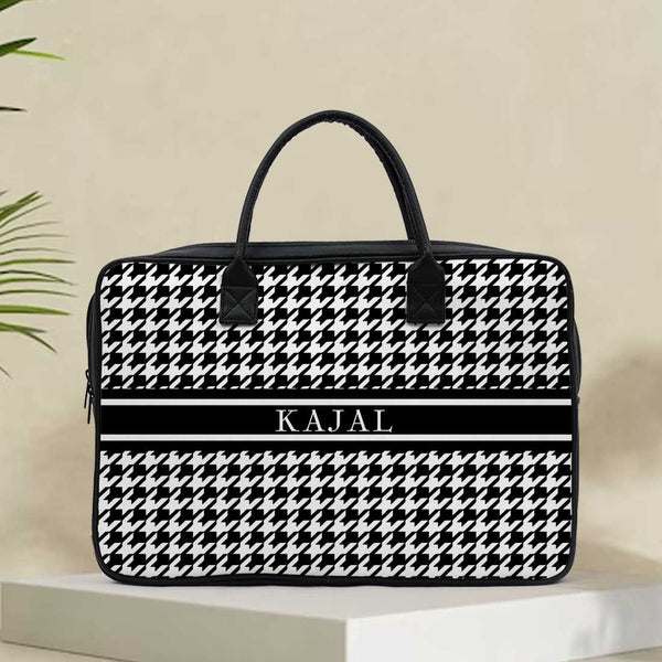 Customised Black & White Pattern Printed Canvas and PU Laptop Bag - Uncommongifts.in