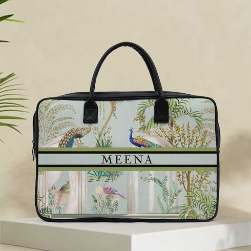 Customised Peacock Printed Canvas and PU Laptop Bag - Uncommongifts.in